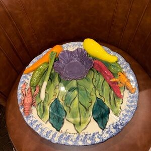 Vintage 3D lobster platter veggies serve plate dish signed pottery beach house